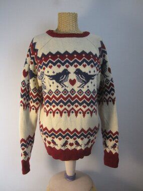 Unbranded Women M Ivory Navy Blue Burguny Red Love Birds Wool Blend Sweater